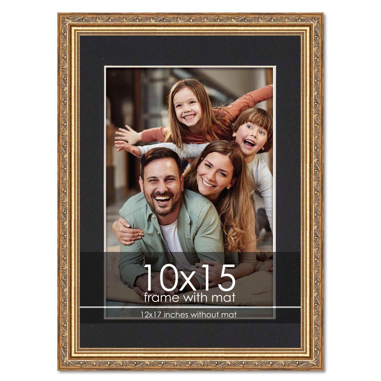 Antique Gold Frame with Black Photo Mat, UV Acrylic Front, Foam Board Backing, 60 Sizes Available